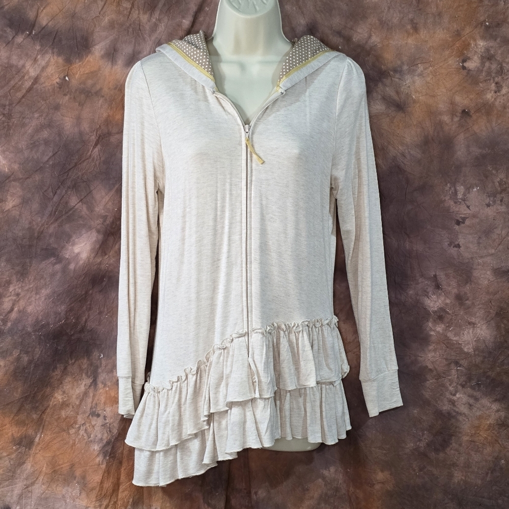Evy's Tree Emma Ruffle Hoodie Long Sleeve Zip Front Heather Oatmeal Gold Coco M - Picture 2 of 7